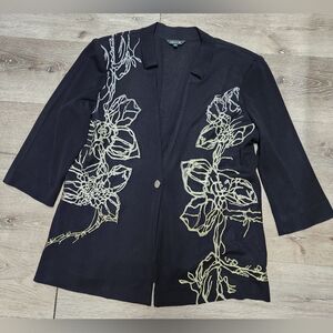 MISOOK Embroidered One Button Knit Suit Jacket Black Shoulder Padded Size L